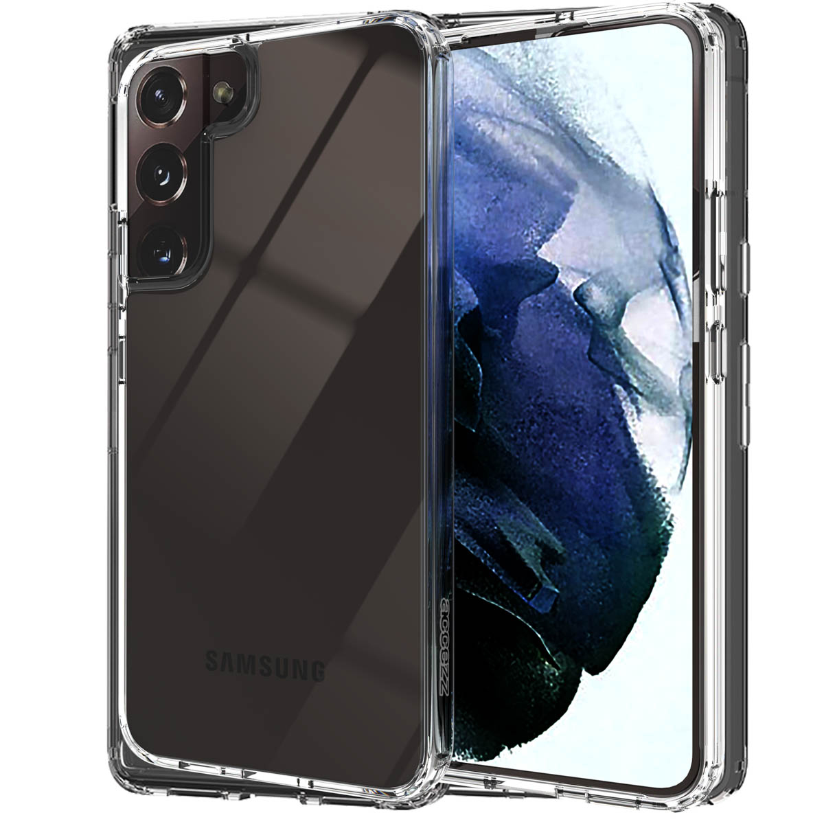 Une coque de téléphone transparente protégeant un téléphone Samsung. Le téléphone possède trois caméras et le logo Samsung est visible. La coque a des bords surélevés.