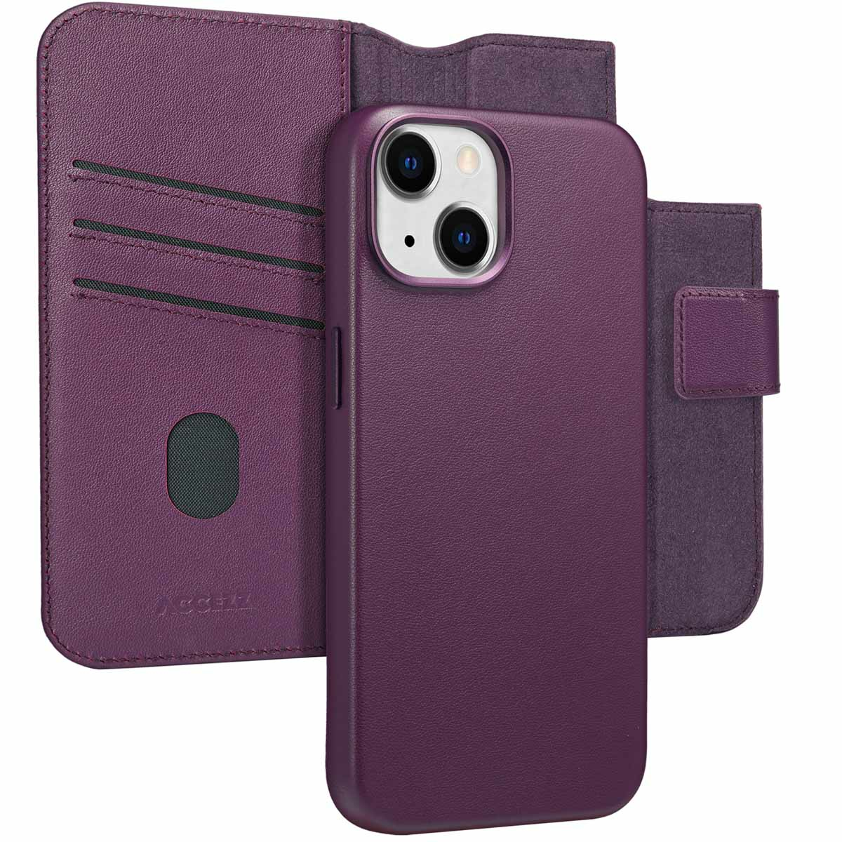 Een paarse telefoonhoes met een portemonnee gedeelte. De hoes heeft een camera-uitsparing. De portemonnee heeft kaartsleuven en een magnetische sluiting.