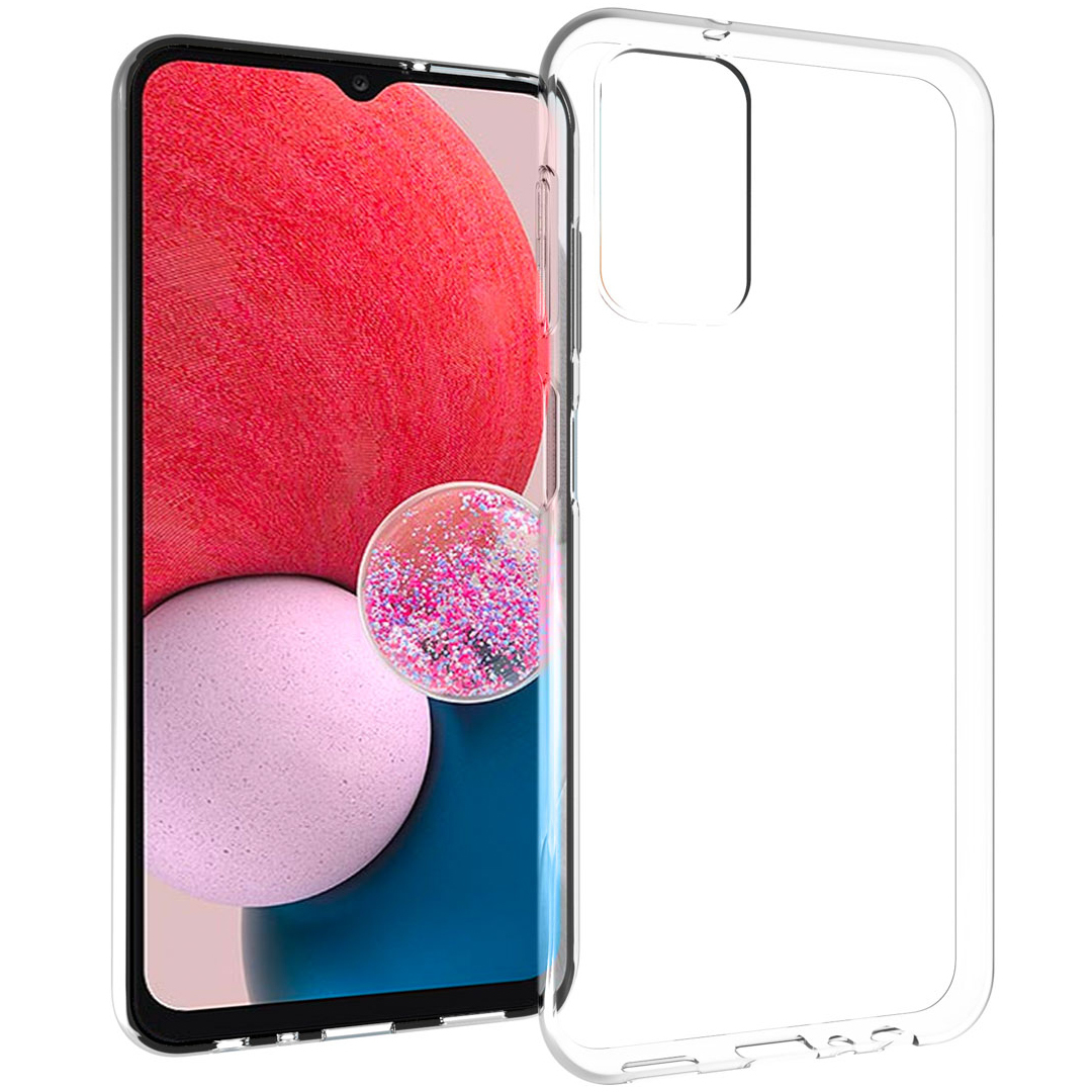 Un téléphone avec une coque transparente. L'écran affiche une grande forme rouge et rose avec une petite bulle ronde avec des paillettes.