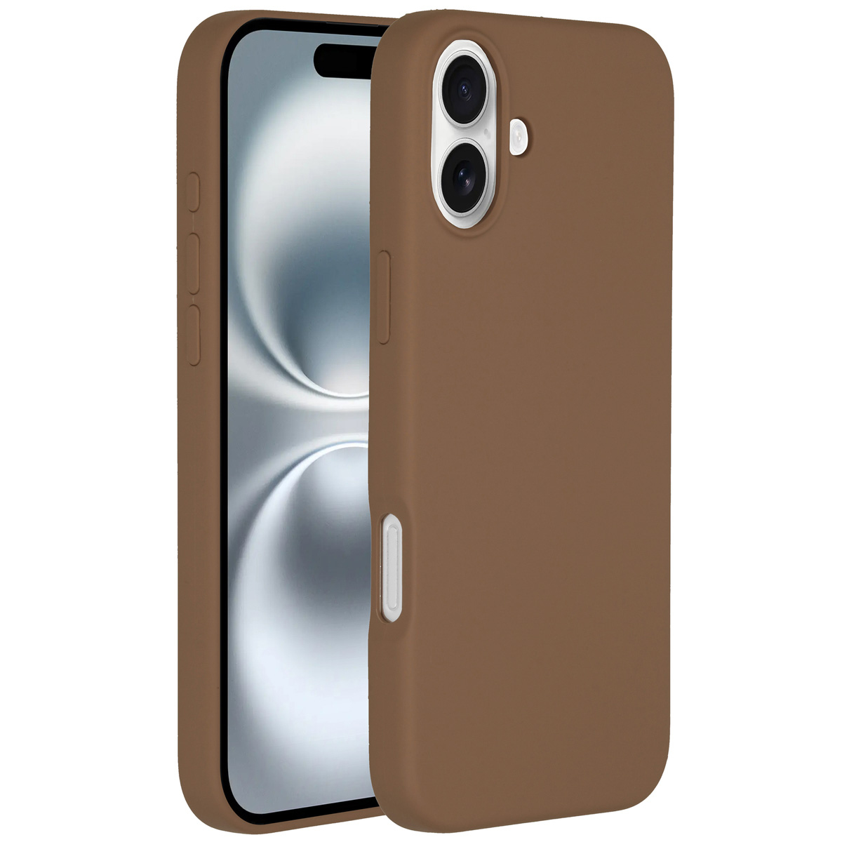 Una custodia per telefono marrone con un telefono all'interno viene visualizzata, mostrando la fotocamera e lo schermo. Lo sfondo è bianco.