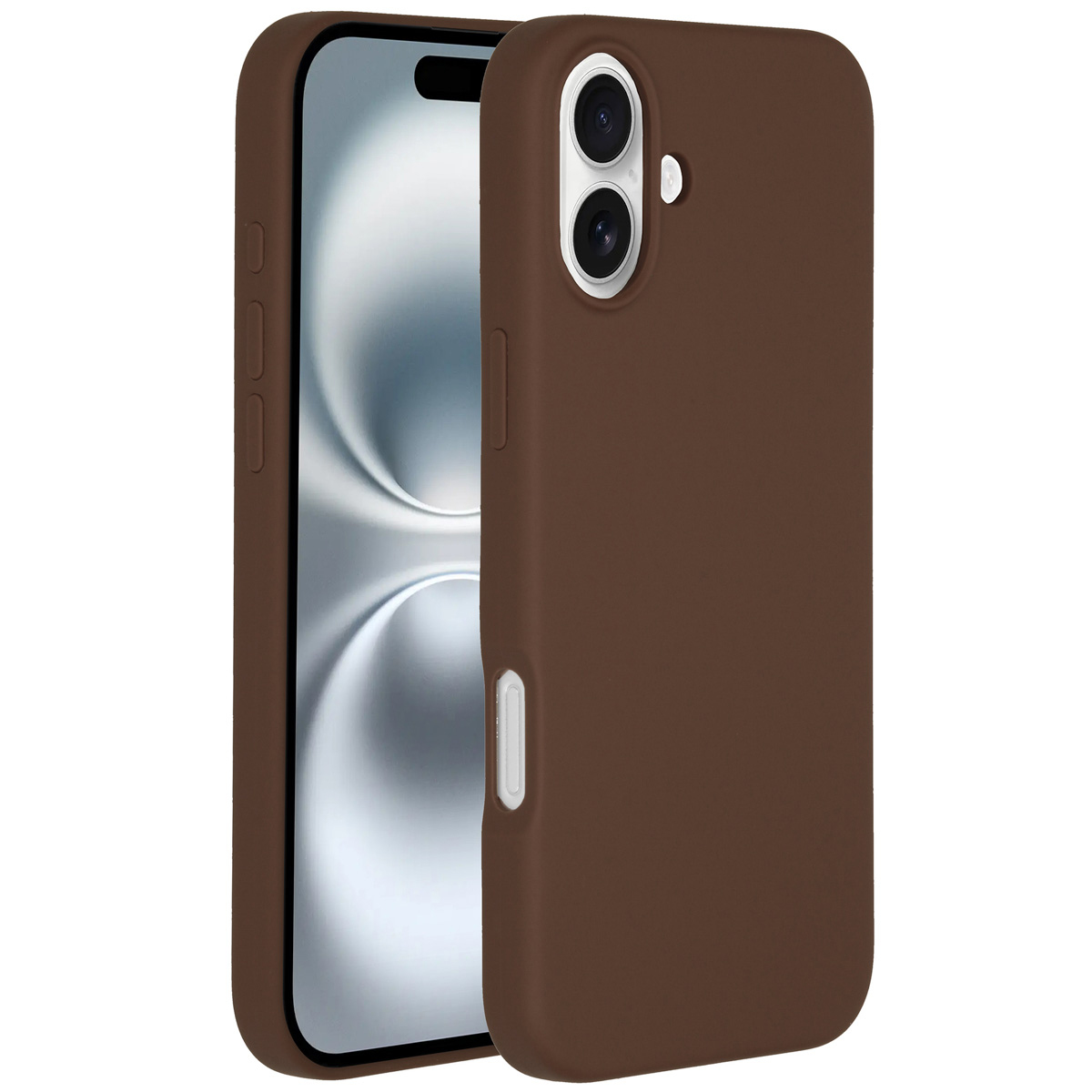 È mostrata una custodia marrone per telefono, che copre parzialmente uno smartphone. Lo schermo del telefono è visibile, mostrando un design astratto chiaro.