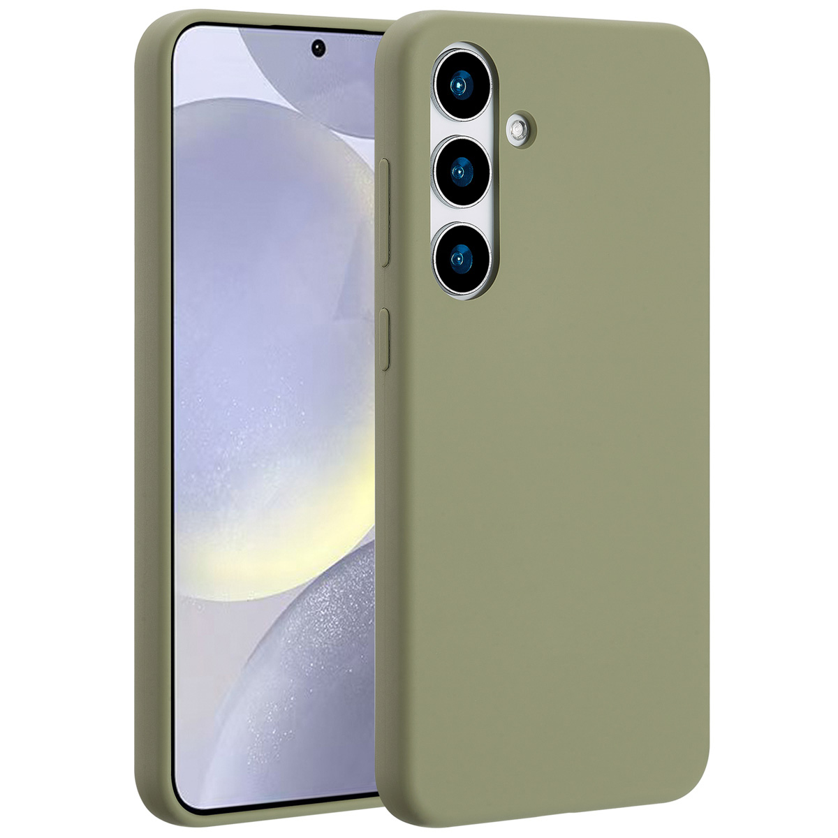 Une coque de téléphone verte et un téléphone sur fond blanc. Le téléphone a trois caméras.