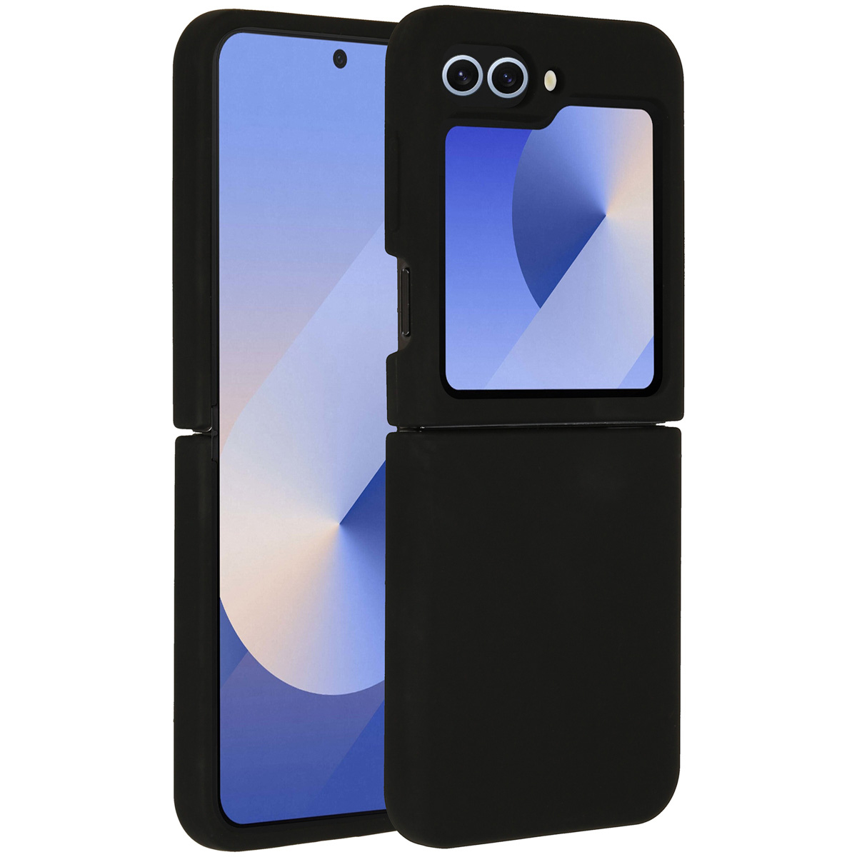 Une coque de téléphone noire, partiellement ouverte, révélant un écran bleu. La coque possède une découpe pour l'appareil photo et convient à un téléphone pliable.