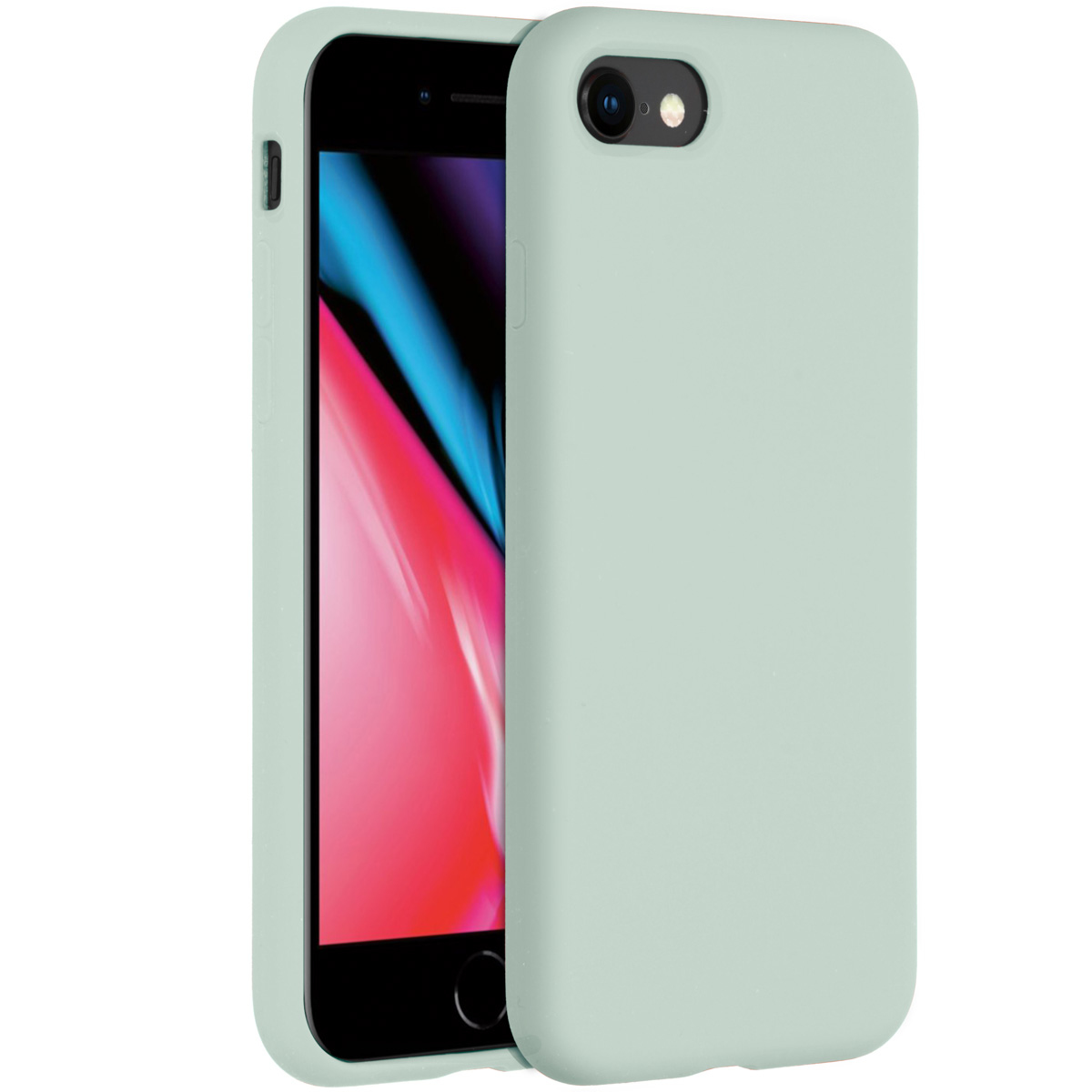 Een iPhone in een lichtgroene hoes wordt getoond. Het scherm toont een roze en paarse achtergrond. De hoes is open en onthult de telefoon.