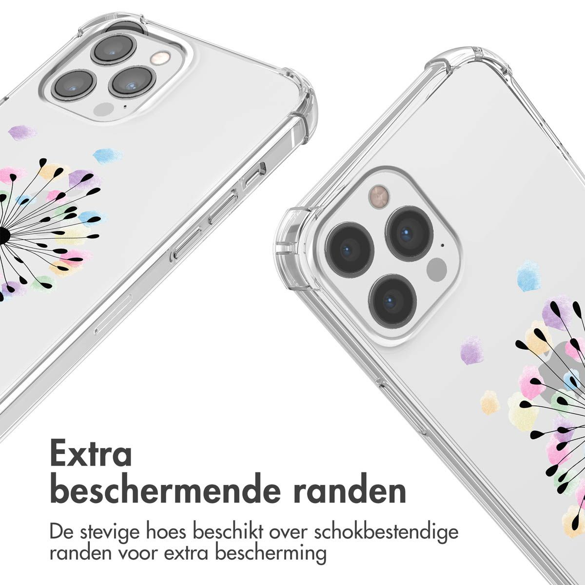 Coques de téléphone transparentes avec un motif de pissenlit coloré. Texte : Bords protecteurs supplémentaires. La coque robuste a des bords.