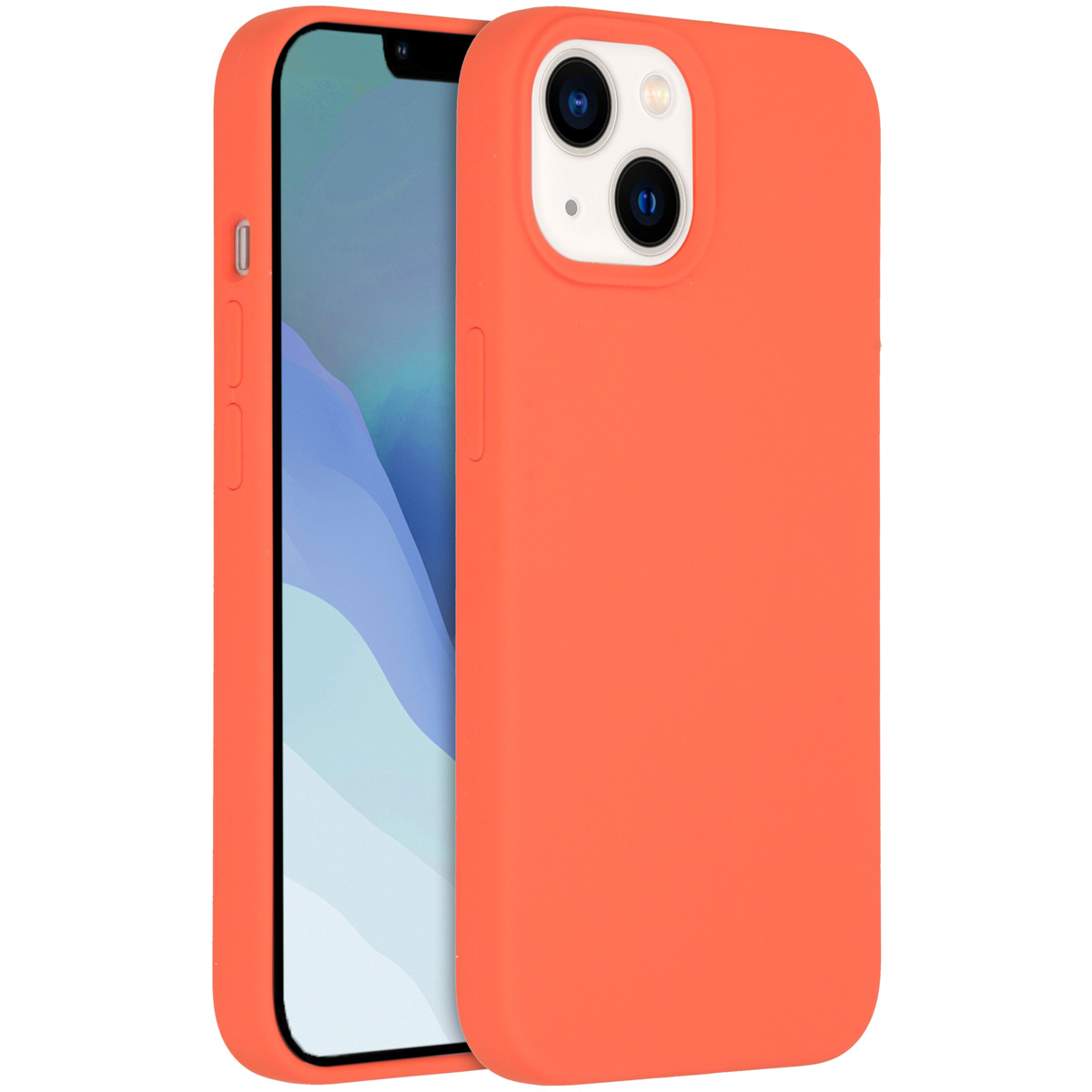 Twee oranje telefoonhoesjes met een telefoon erin. Het telefoonscherm toont een blauw en wit abstract ontwerp.