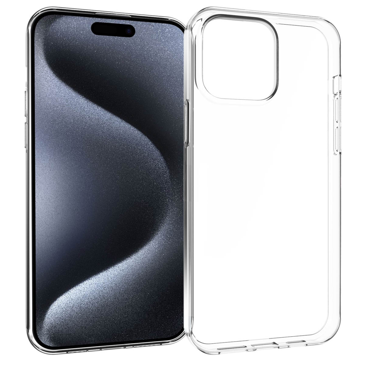 Un smartphone à écran noir est à côté d'une coque transparente. La coque a des découpes pour l'appareil photo et les boutons.