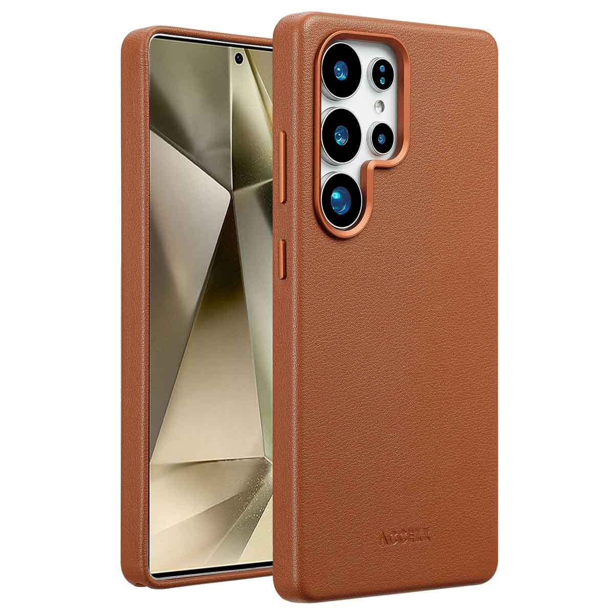 Twee bruine telefoonhoesjes. Eén met een telefoon erin. De andere toont cameralenzen. De hoesjes hebben een textuur van leer.