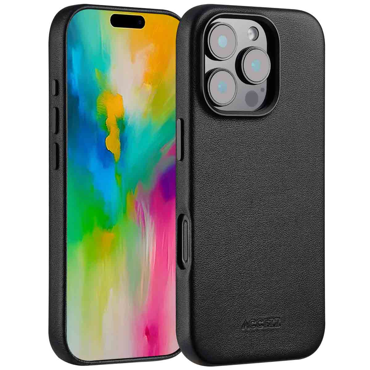 Zwarte telefoonhoes met een telefoon erin. De telefoon heeft een kleurrijke achtergrond. De hoes heeft een textuur en de merknaam.