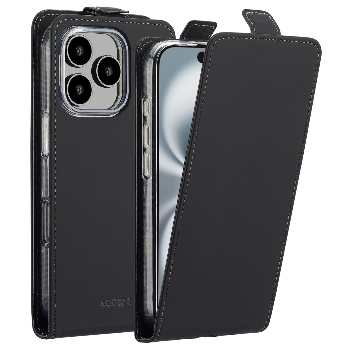 Custodia nera per telefono con telefono all'interno. La custodia è aperta, mostrando lo schermo. La custodia ha una trama in pelle e cuciture bianche.