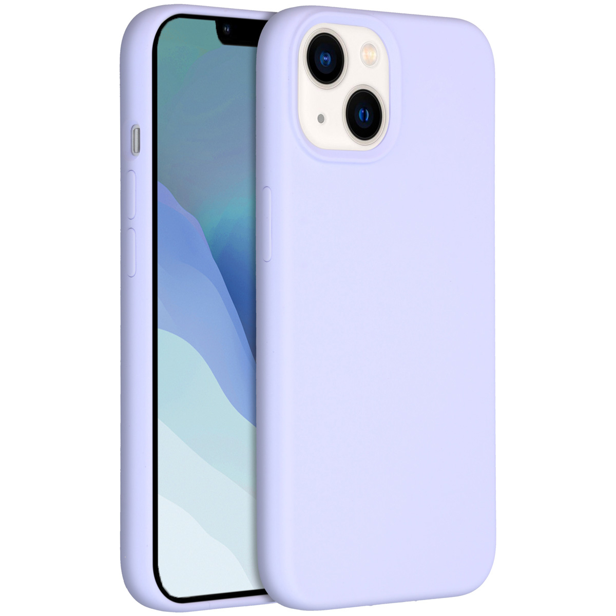 Een lichtpaarse iPhone in een bijpassend hoesje. De telefoon is iets open en toont het scherm met een blauw-wit ontwerp.
