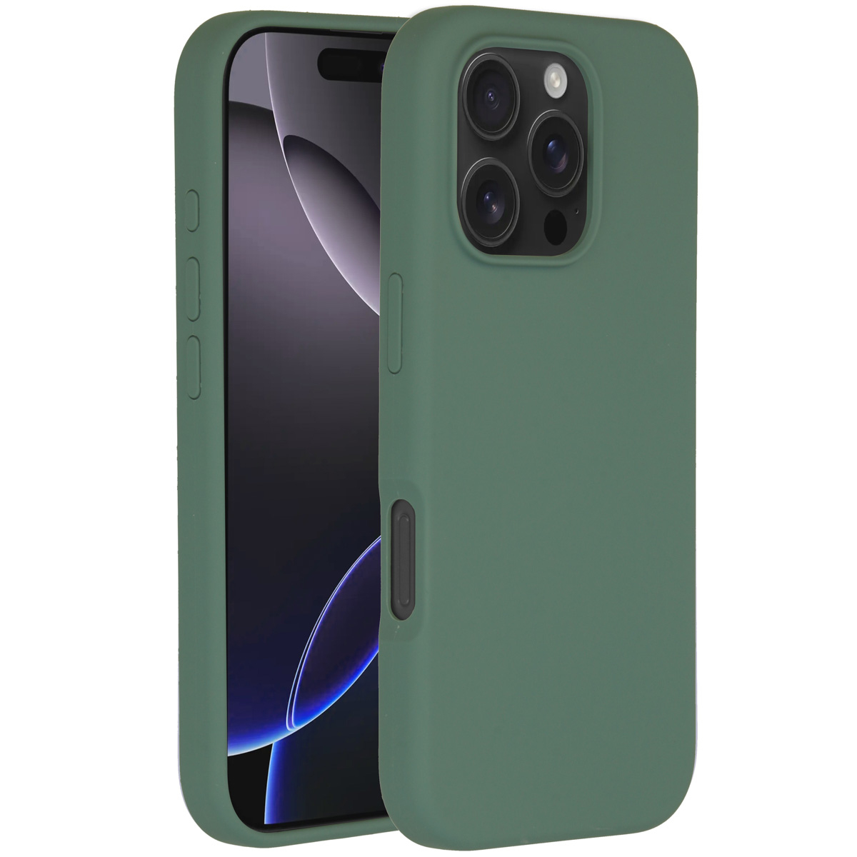 Groene telefoonhoes met telefoon erin. De telefoon heeft een zwart scherm. De hoes heeft een camerabult.