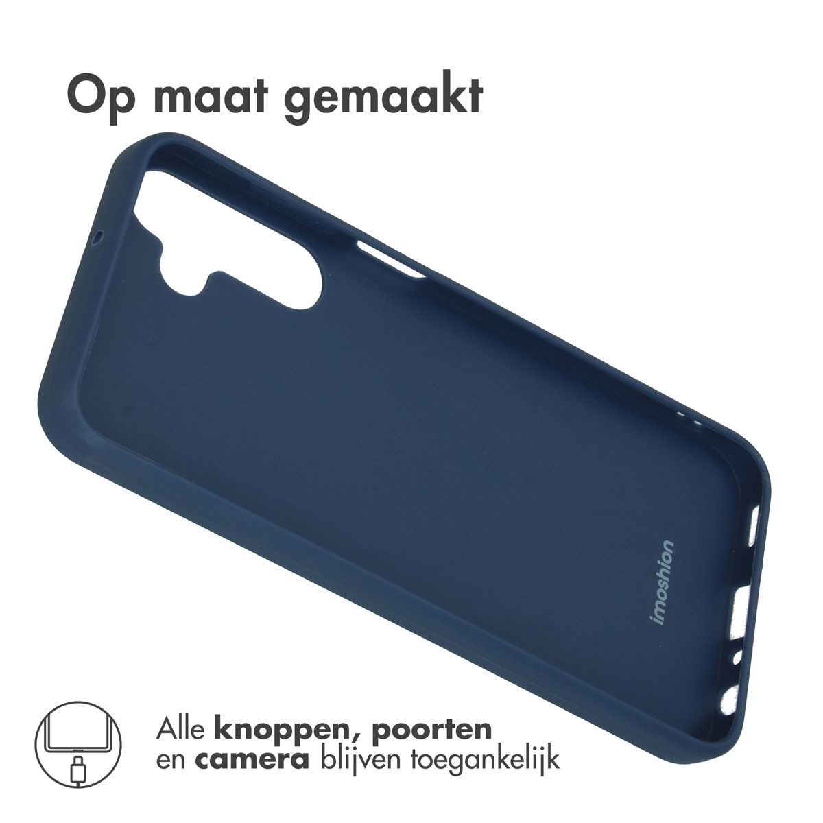 Een marineblauwe telefoonhoes wordt getoond op een witte achtergrond. De Nederlandse tekst luidt: 'Op maat gemaakt' en 'Alle knoppen, poorten en camera blijven toegankelijk'.