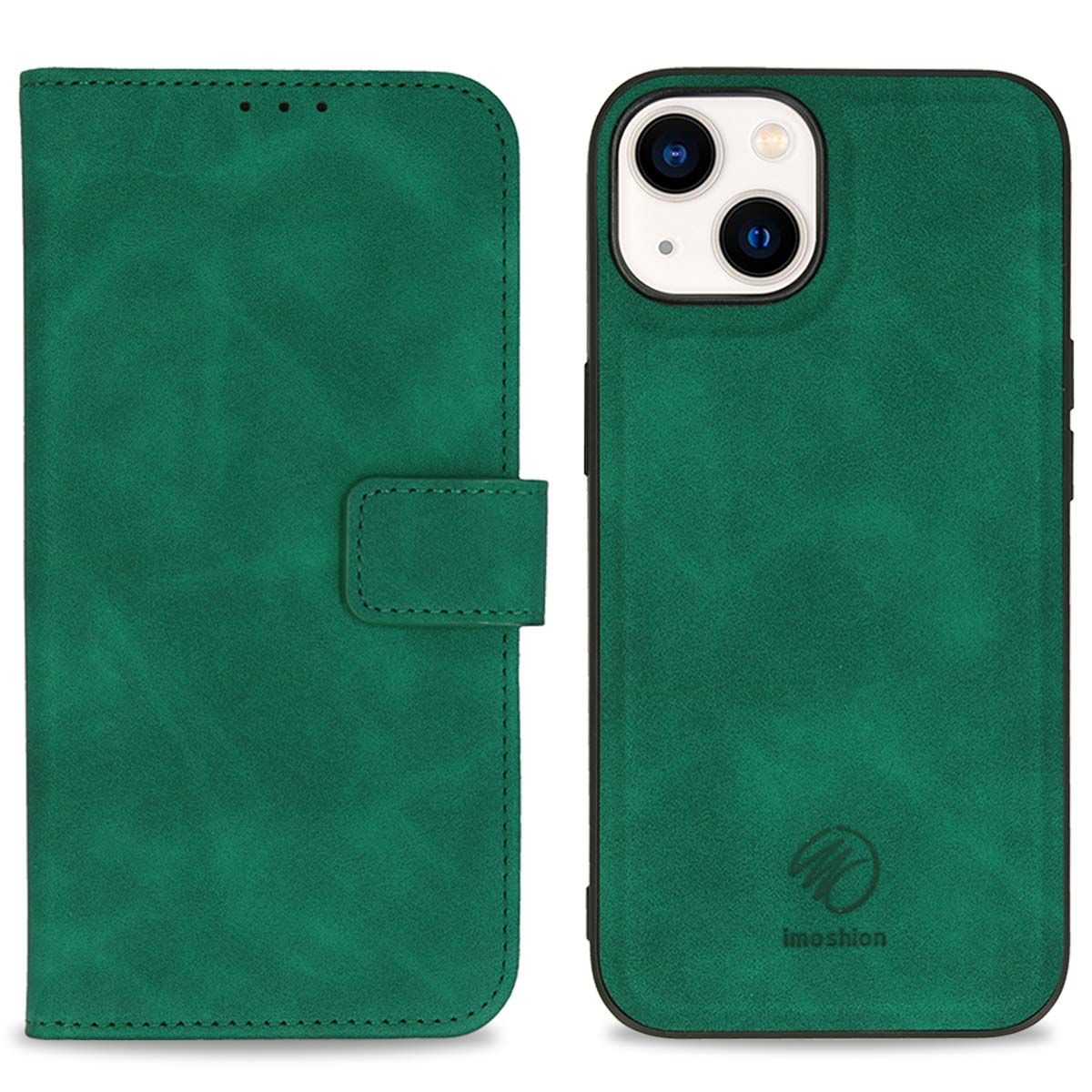 Grüne Handyhülle im Brieftaschen-Design. Die Hülle ist offen und zeigt das Telefon und das Innere. Die Marke "imoshion" ist sichtbar.