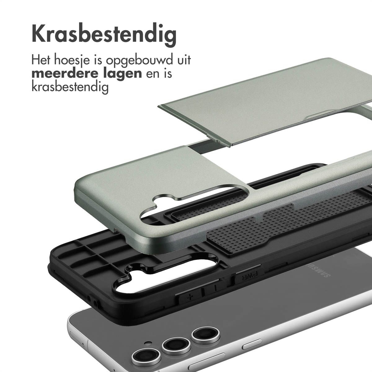 Telefoonhoesje componenten in lagen. Grijze telefoonhoesje onderdelen worden apart weergegeven, met de beschermlagen.