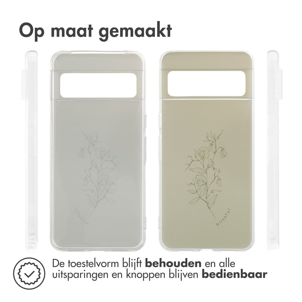 Twee telefoonhoesjes met bloemmotieven. Tekst: 'Op maat gemaakt'. Daaronder: 'De toestelvorm blijft behouden en alle uitsparingen'.