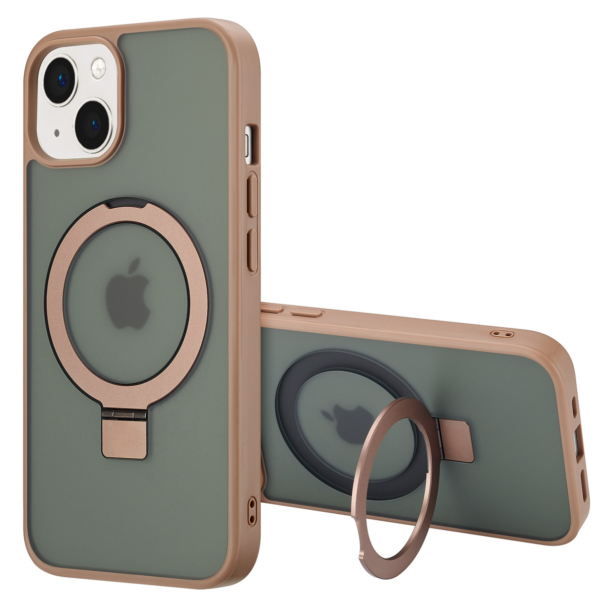 Zwei iPhone-Hüllen. Eine steht aufrecht, die andere liegt. Beide sind olivgrün mit einem roségoldenen Ringhalter und Akzenten. Apple-Logo sichtbar.