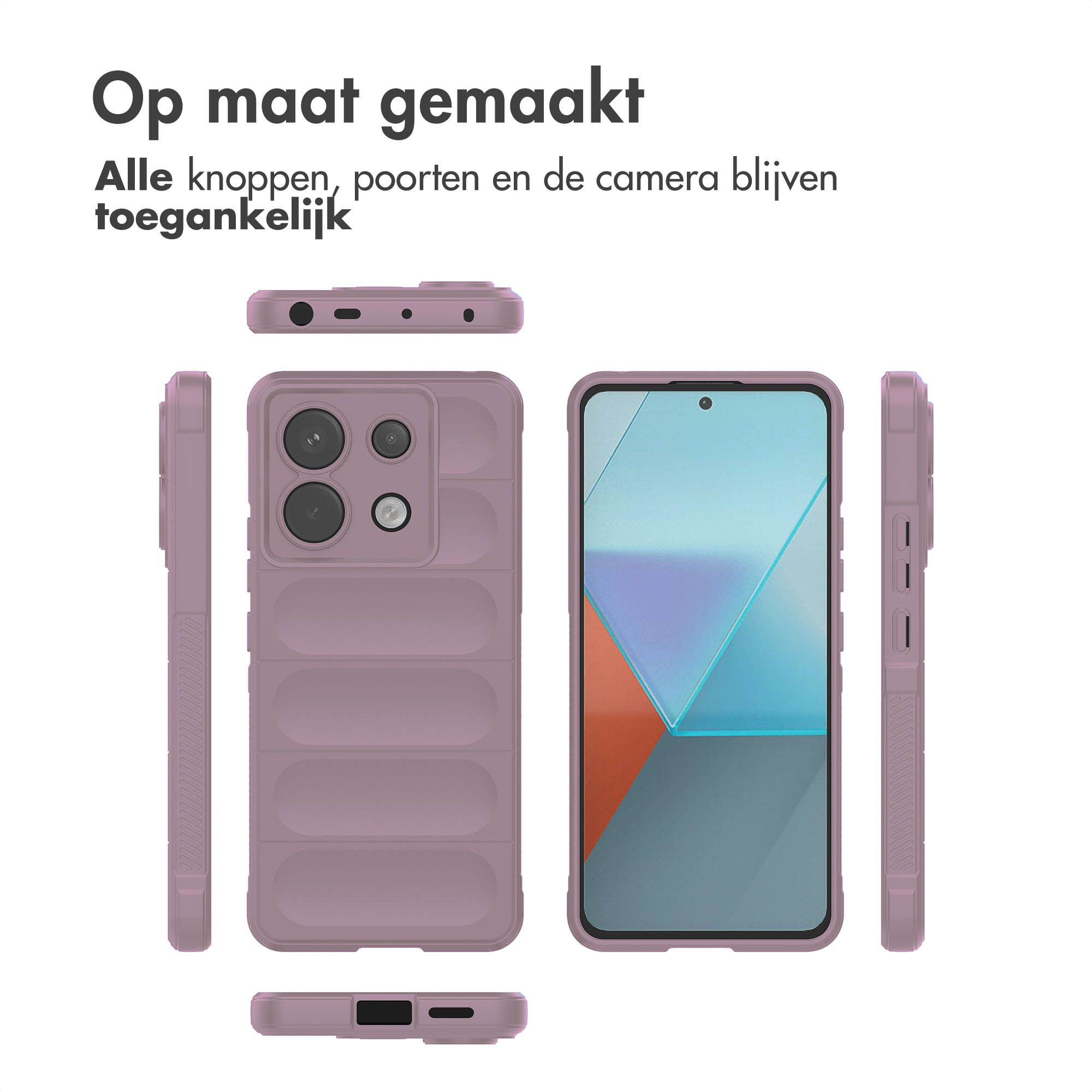 Een telefoonhoesje wordt weergegeven, met alle zijden. Het is roze, met een scherm en camera-uitsparingen.