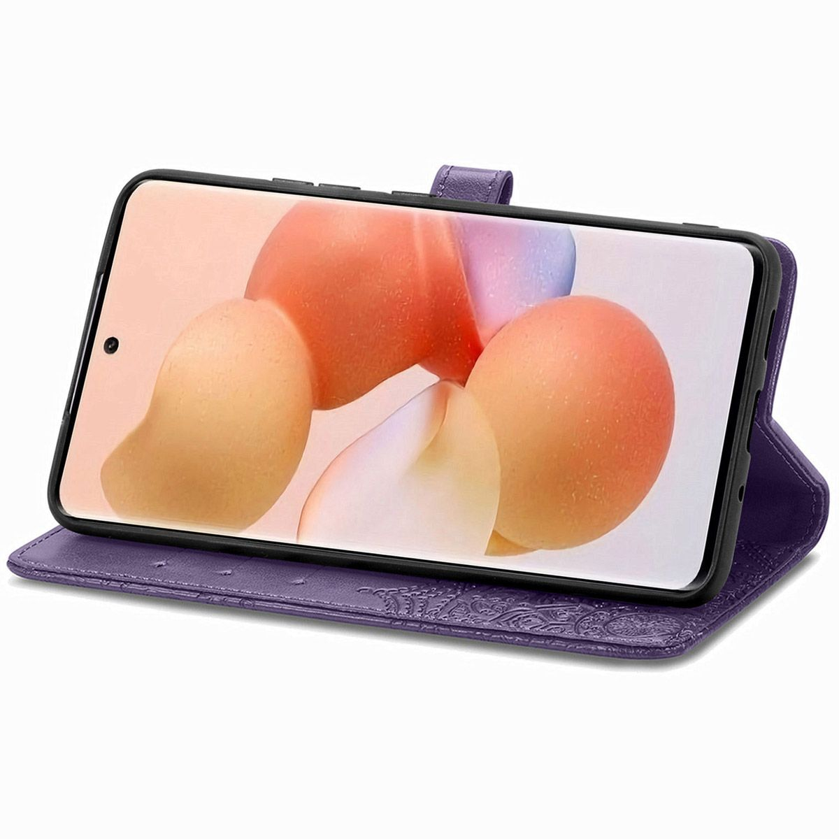 Uno smartphone in una custodia viola, parzialmente aperto. Lo schermo mostra forme arancioni e gialle. La custodia ha un motivo floreale.