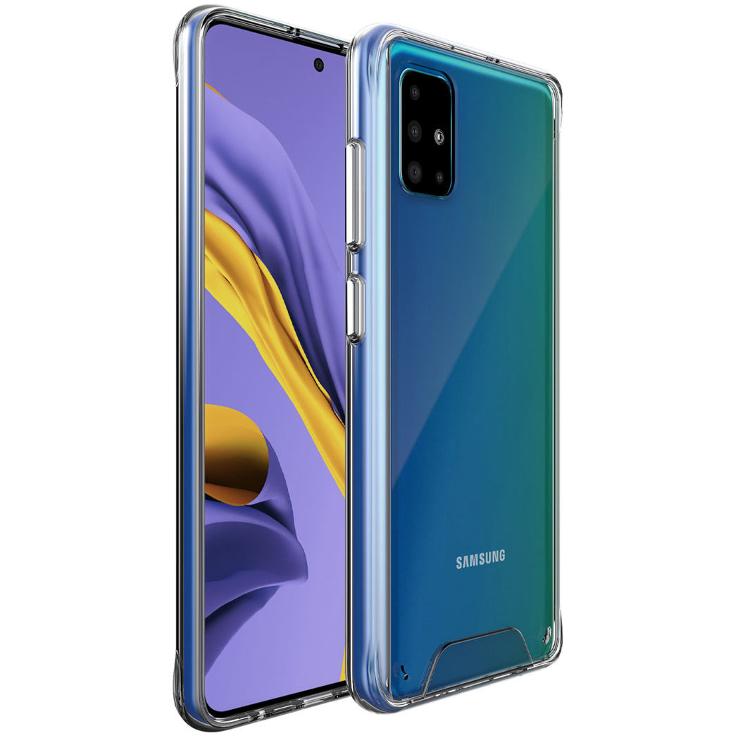 Een Samsung telefoon in een transparante hoes. Het scherm toont een paarse en gele gradiënt. De telefoon staat op een witte achtergrond.