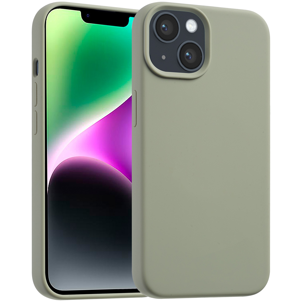 Deux coques de téléphone vert olive, une avec un téléphone affichant un fond coloré. L'autre coque est vide.