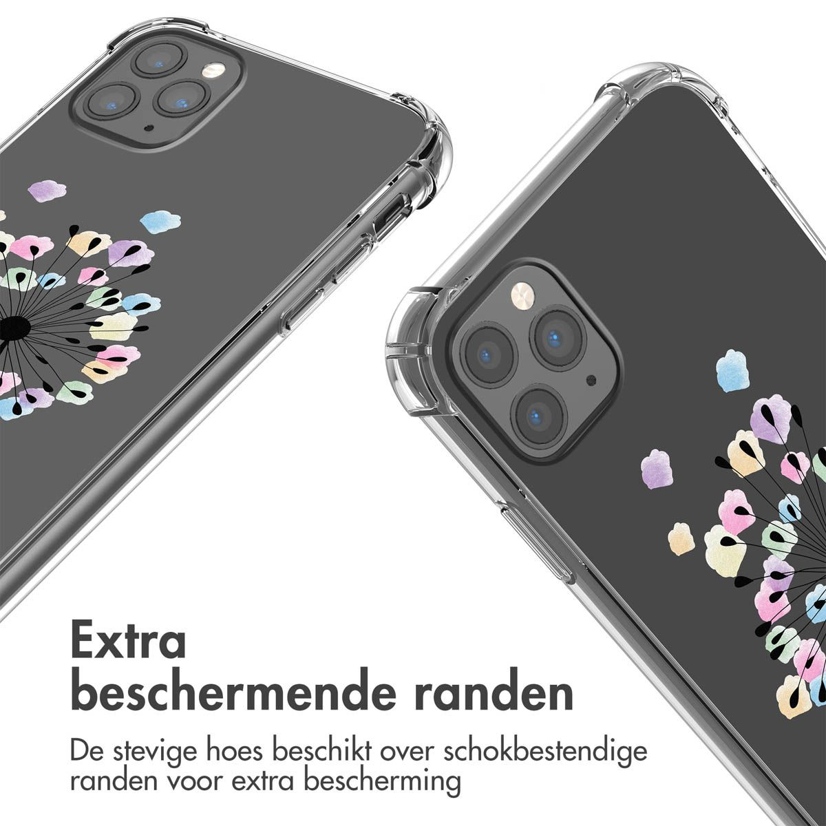 Deux coques de téléphone avec motif pissenlit. Texte : 'Extra beschermende randen'. Accents colorés sur fond transparent.