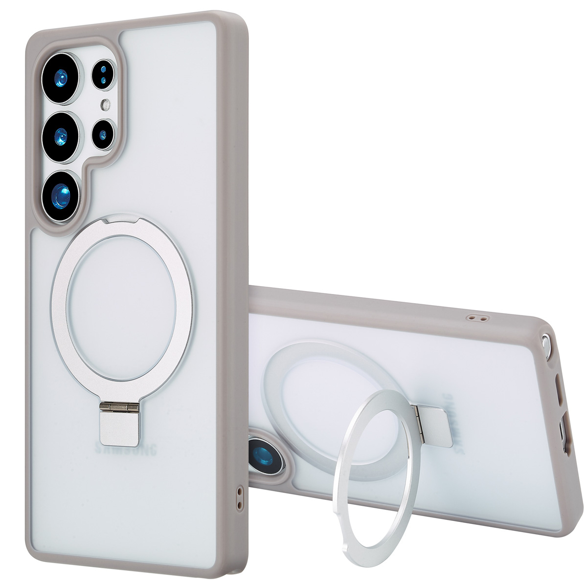 Deux coques de téléphone. Une debout, une couchée. Les deux ont des cadres gris, des dos transparents et des anneaux argentés. Logo Samsung visible.