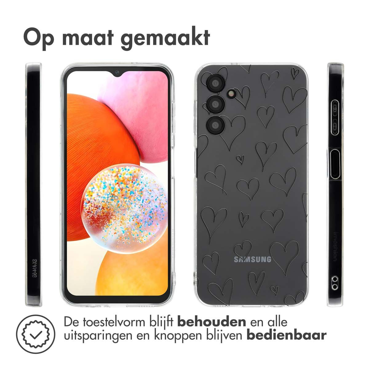 Een telefoonhoesje met een hartjespatroon. De telefoon staat in het midden en de hoes is transparant.