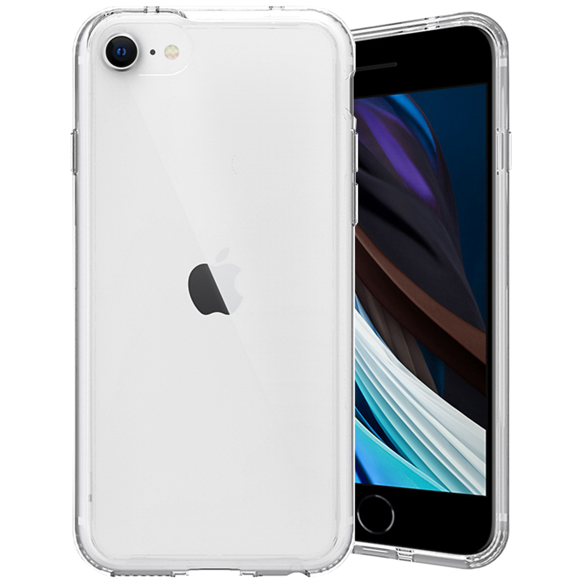 Deux iPhones dans des coques transparentes. L'un montre l'arrière avec le logo Apple, l'autre l'écran.