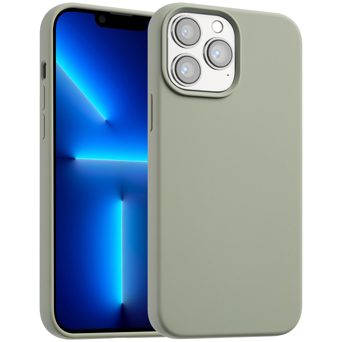 Un smartphone dans une coque verte, l'écran affiche un dégradé bleu avec des lignes blanches verticales. La coque a des découpes pour la caméra.