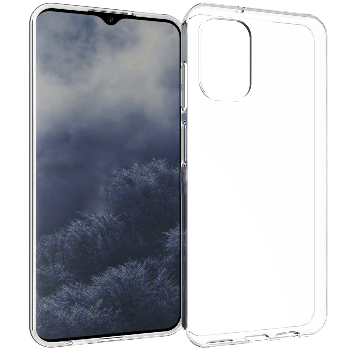 Transparante telefoonhoes naast een telefoon met een landschap met bomen en lucht. De hoes is transparant.