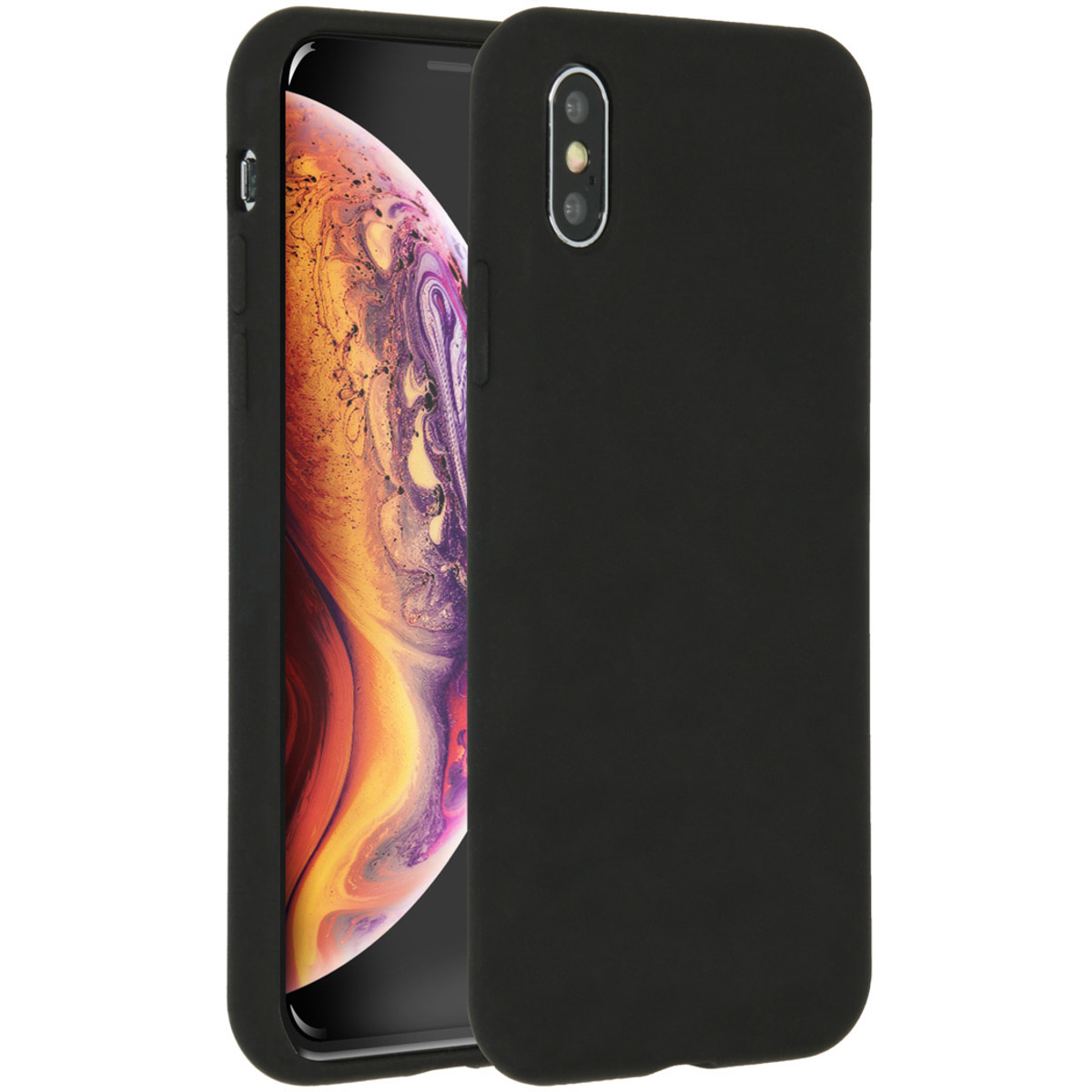 Schwarze Handyhülle neben einem Handy, das ein farbenfrohes abstraktes Bild zeigt. Die Hülle hat eine matte Oberfläche.