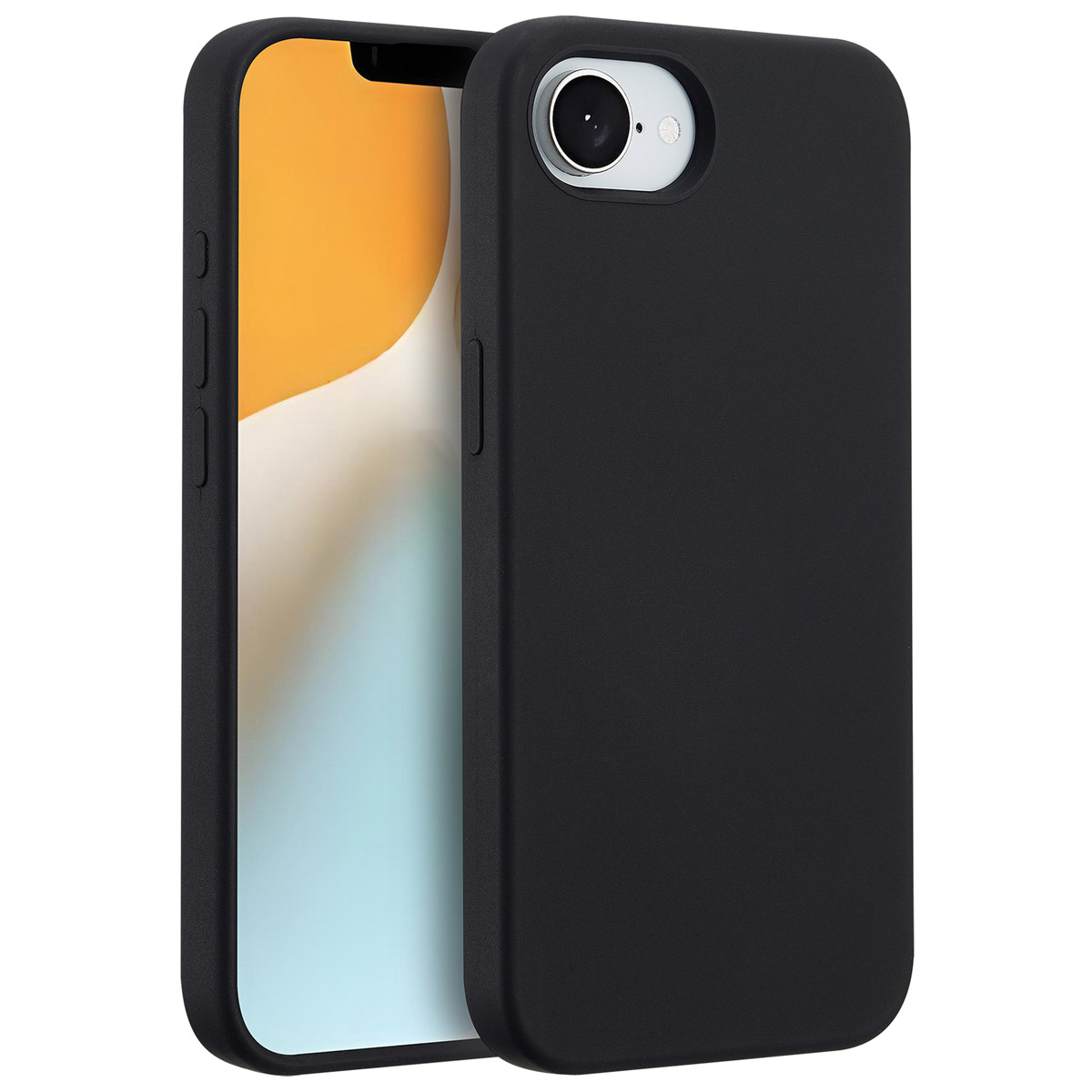 Coque de téléphone noire avec un téléphone à l'intérieur. Le téléphone a un écran blanc et un fond orange et jaune.