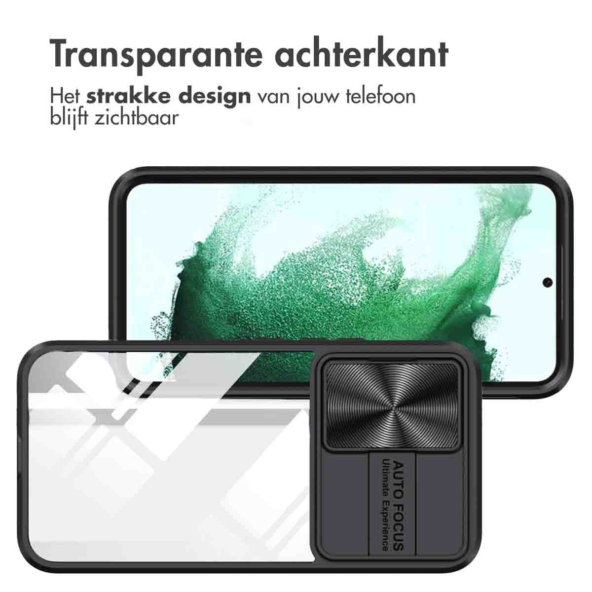 Telefoon met hoesje. Transparante achterkant met camerabescherming. Zwart frame. Tekst: Transparante achterkant, design blijft zichtbaar.