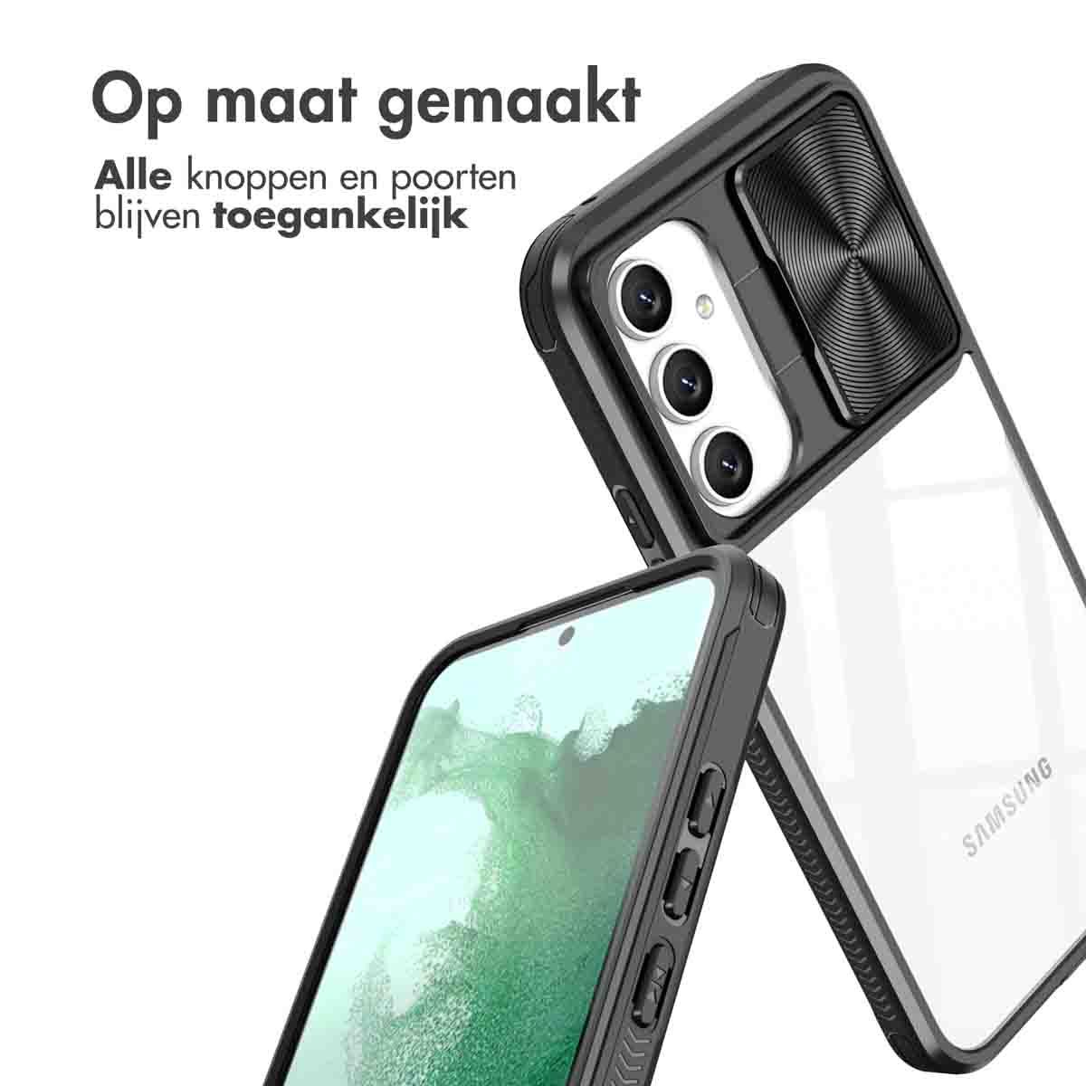 Twee telefoonhoesjes, één zwart en transparant, de andere zwart. De tekst luidt: 'Op maat gemaakt, alle knoppen en poorten blijven toegankelijk'.
