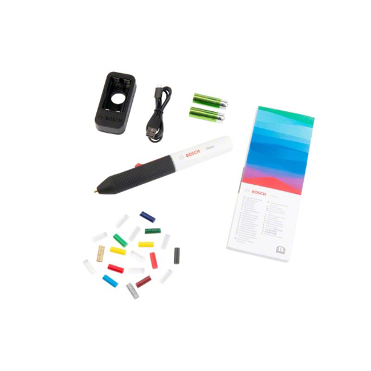 Eine Draufsicht zeigt einen Bosch-Stift, eine Ladestation, ein USB-Kabel, Batterien, Farbstifte und ein Heft auf weißem Untergrund.