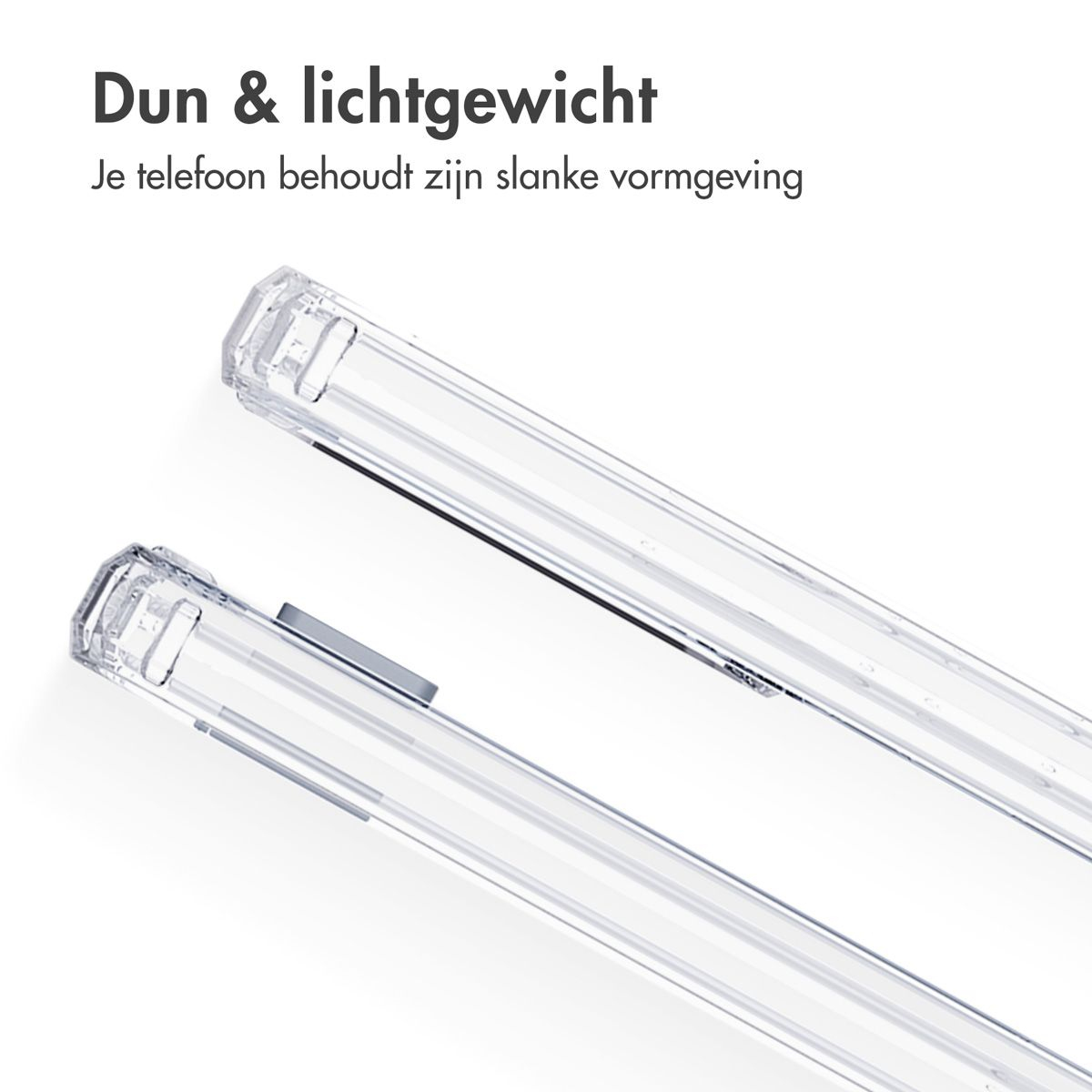 Deux coques de téléphone transparentes sont montrées. Le texte en haut dit 'Mince et léger'. Les coques sont sur fond blanc.