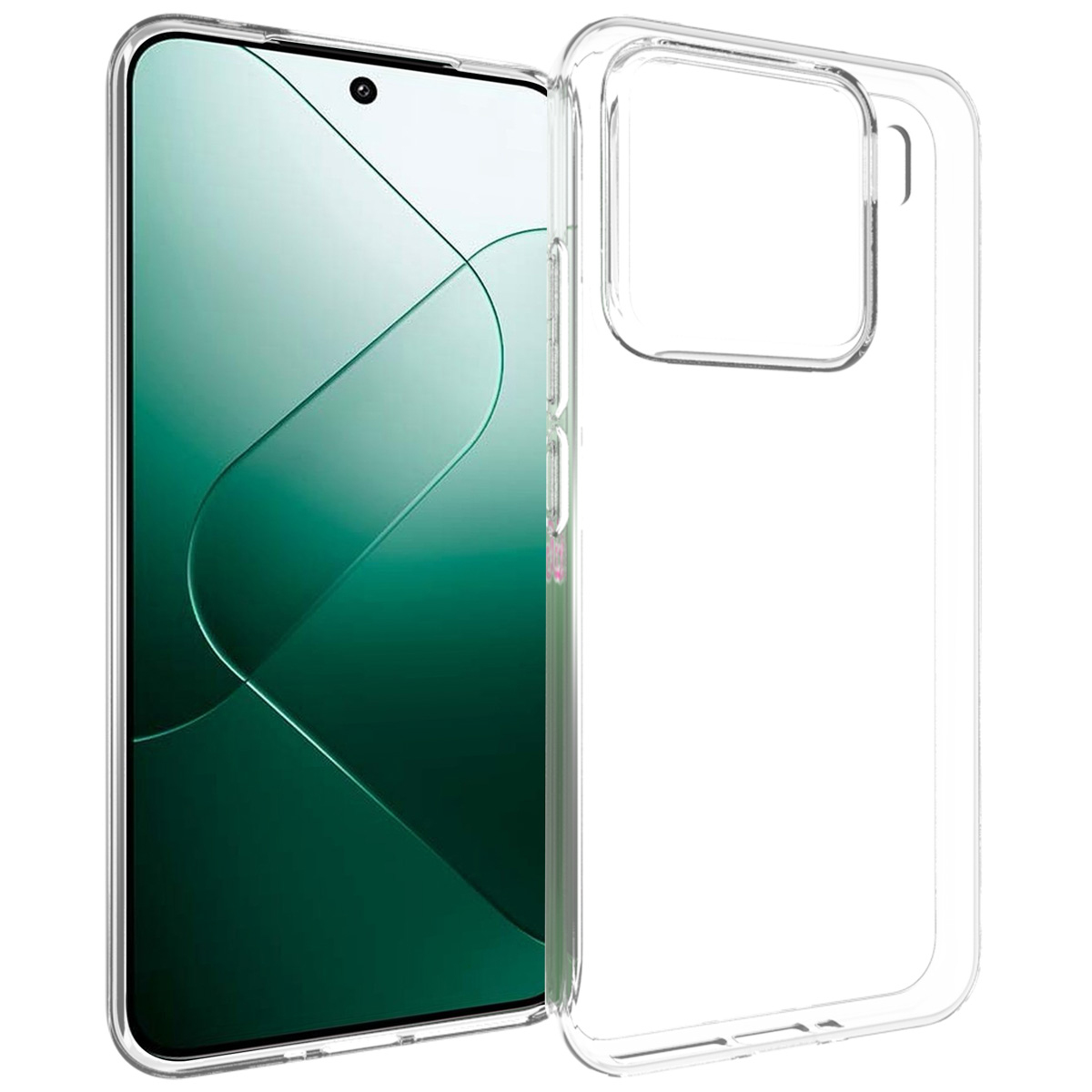 Una custodia trasparente per telefono con un telefono all'interno. Il telefono ha uno schermo verde e una fotocamera. La custodia è trasparente.