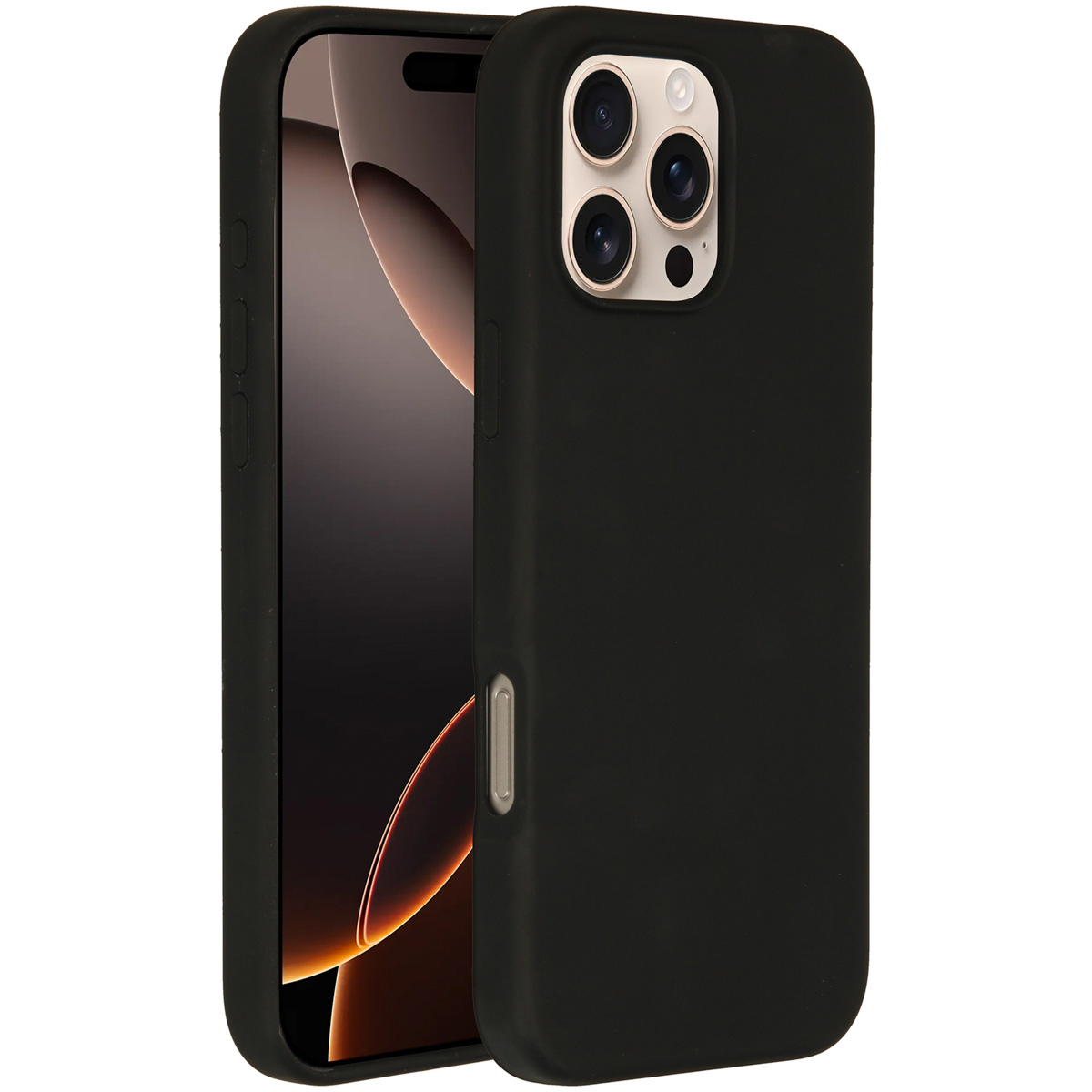 Een zwarte telefoonhoes beschermt een smartphone. Het scherm toont een goud-oranje verloop. De hoes heeft een camera-uitsparing.