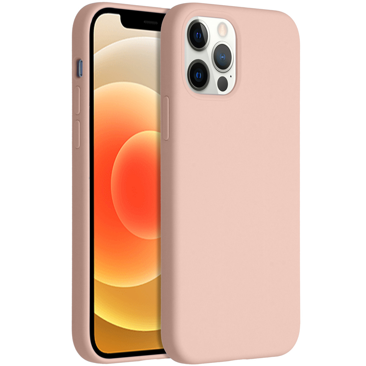Een roze telefoonhoesje met een telefoon erin. De telefoon heeft een grote cameramodule. Het scherm toont een oranje en witte achtergrond.