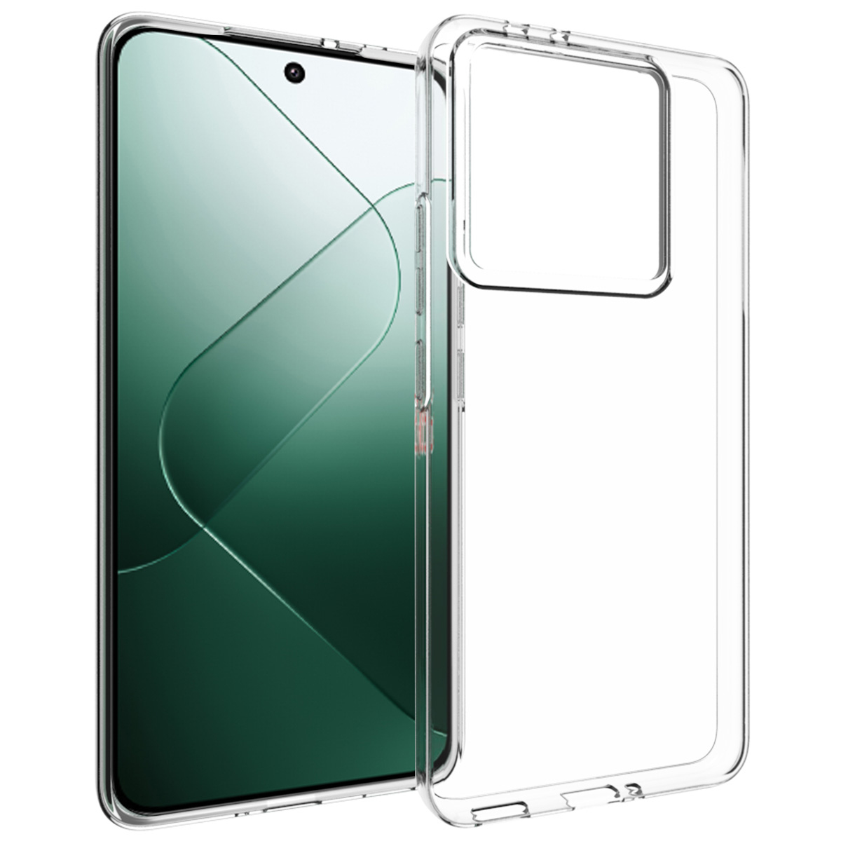 Een doorzichtige telefoonhoes naast een smartphone. Het scherm is groen, de hoes is transparant.