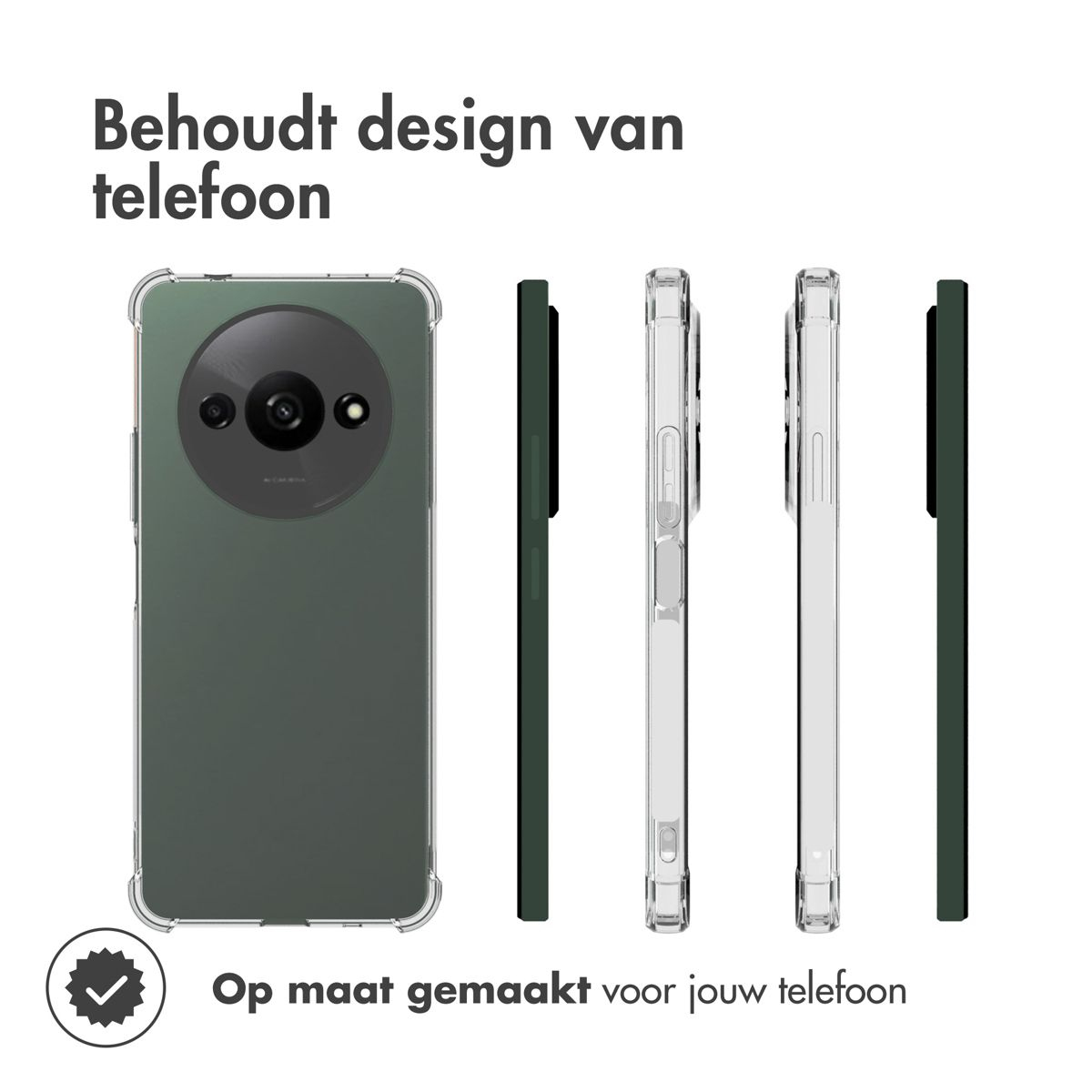 Viene mostrata una custodia per telefono, con il telefono all'interno. La custodia è trasparente e il telefono è verde. Il testo dice 'Behoudt design van telefoon'.