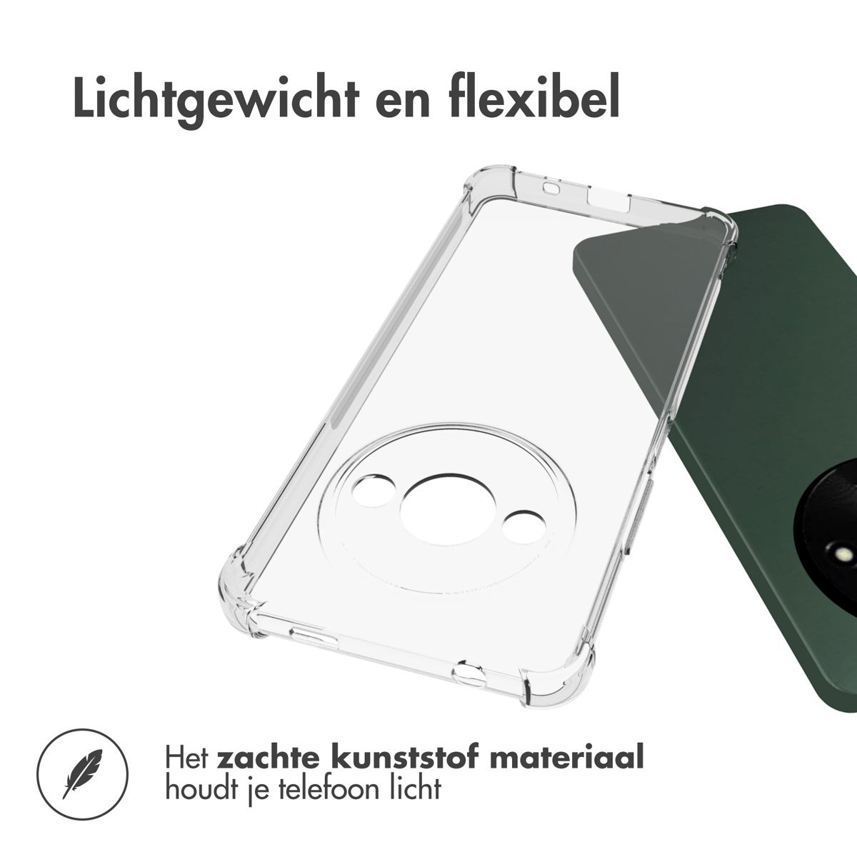 Una custodia trasparente per telefono è angolata verso lo spettatore. Le parole 'Leggero e flessibile' sono in alto. Un telefono verde sullo sfondo.