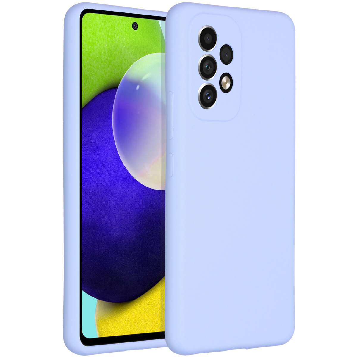 Eine hellblaue Handyhülle neben einem Handy, dessen Bildschirm ein abstraktes Design in Grün und Lila zeigt.