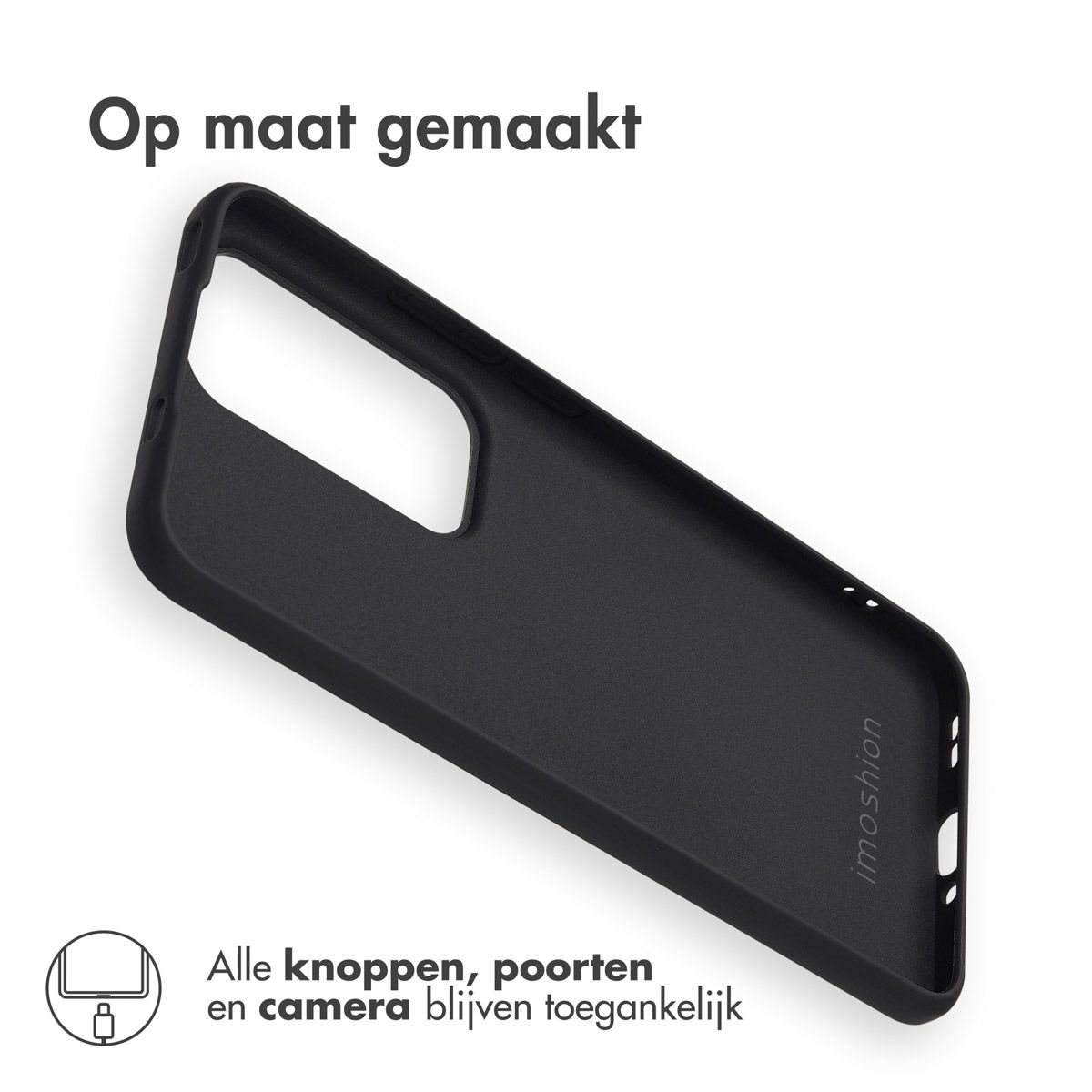 Coque de téléphone noire en angle sur fond blanc. Texte en néerlandais en haut et en bas. La coque est de la marque imoshion.