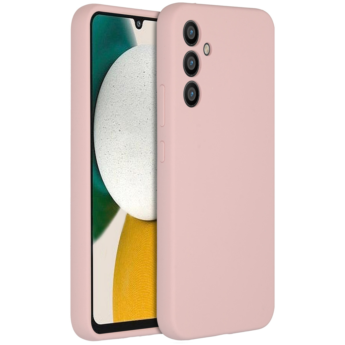 Une coque de téléphone rose avec un téléphone à l'intérieur. Le téléphone a un écran avec un fond coloré. La coque a trois trous pour l'appareil photo.