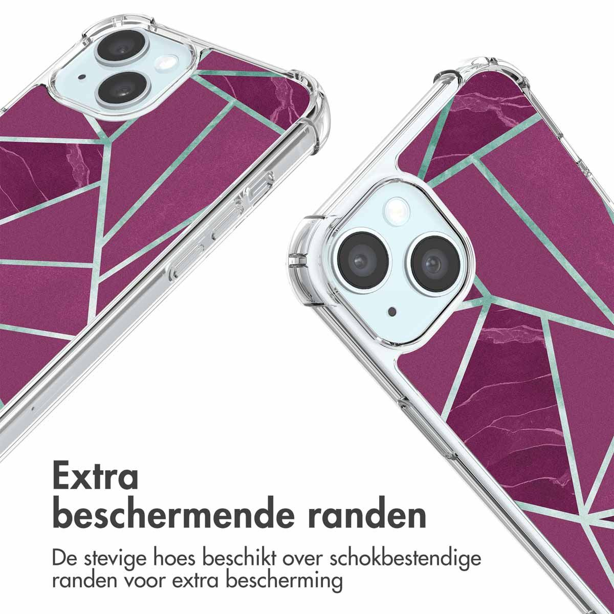 Twee telefoonhoesjes, transparant met geometrisch paars en groen design, worden getoond. De hoesjes hebben extra beschermende randen. Er is tekst aanwezig.