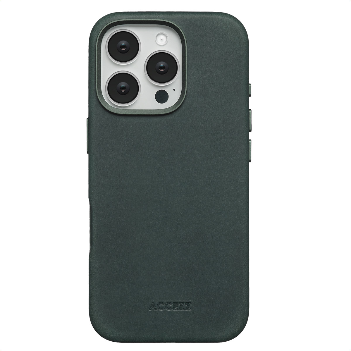 Una custodia per telefono verde scuro con il marchio ACCEZZ visibile in basso. La custodia ha tre obiettivi e un flash.