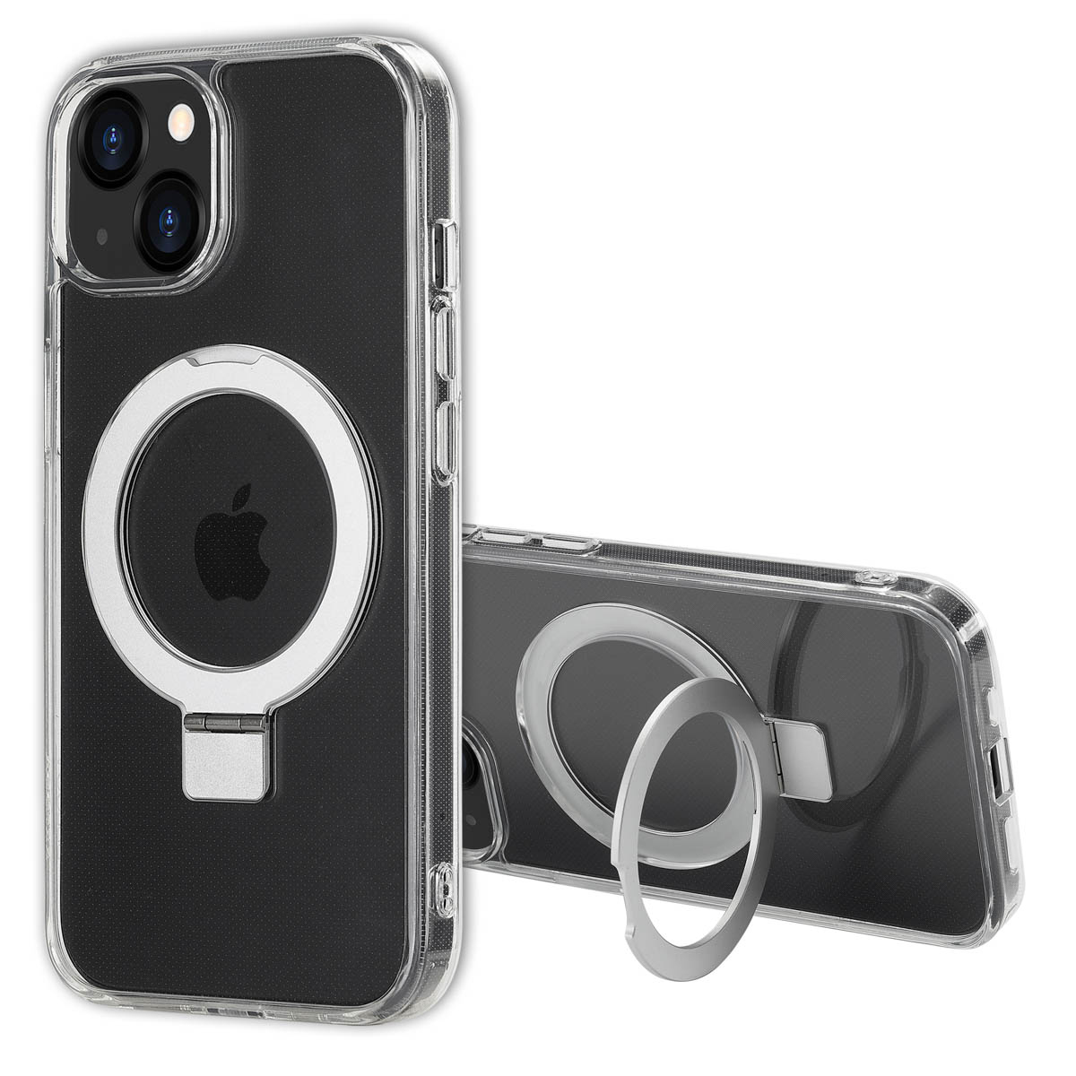 Coque transparente pour iPhone avec support anneau argenté, montrant caméra et logo Apple sur fond noir.