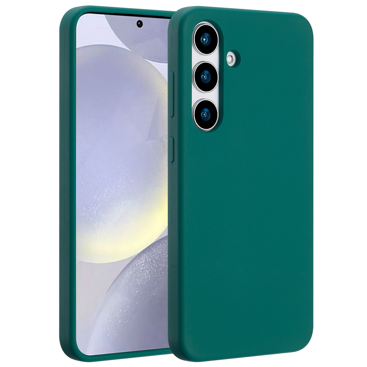 Een groene telefoonhoes met een telefoon erin. De hoes heeft drie cameralenzen. Het scherm toont een wazige afbeelding.
